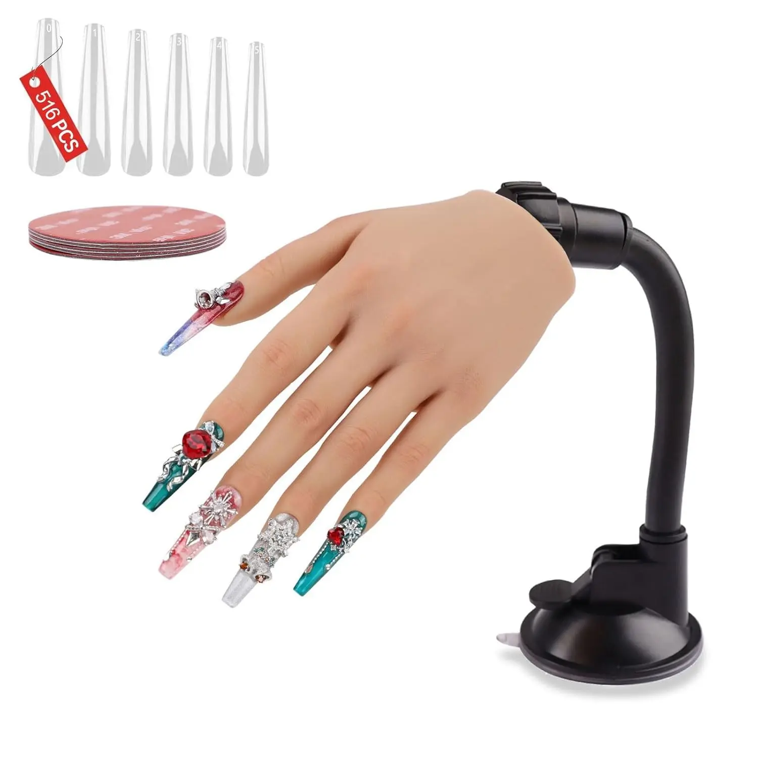 Silicone Fake Nail Practice Mannequin Single Left Nude Hand with 516 Pcs Nails for Acrylic Nails and Nail Art Practice