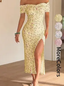 Summer Elegant Women's Ditsy Floral Bodycon Fit Dress, Bohemian Style Casual Dress, Off-Shoulder Split Dress, Perfect for Daily Wear, Holiday, Vacation