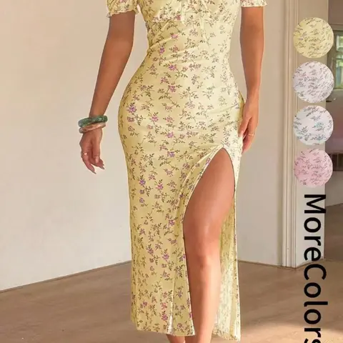 Summer Elegant Women's Ditsy Floral Bodycon Fit Dress, Floral Pattern Dress, Bohemian Style Casual Dress, Off-Shoulder Split Dress, Boho Lounge Dress, Perfect for Daily Wear, Holiday, Vacation