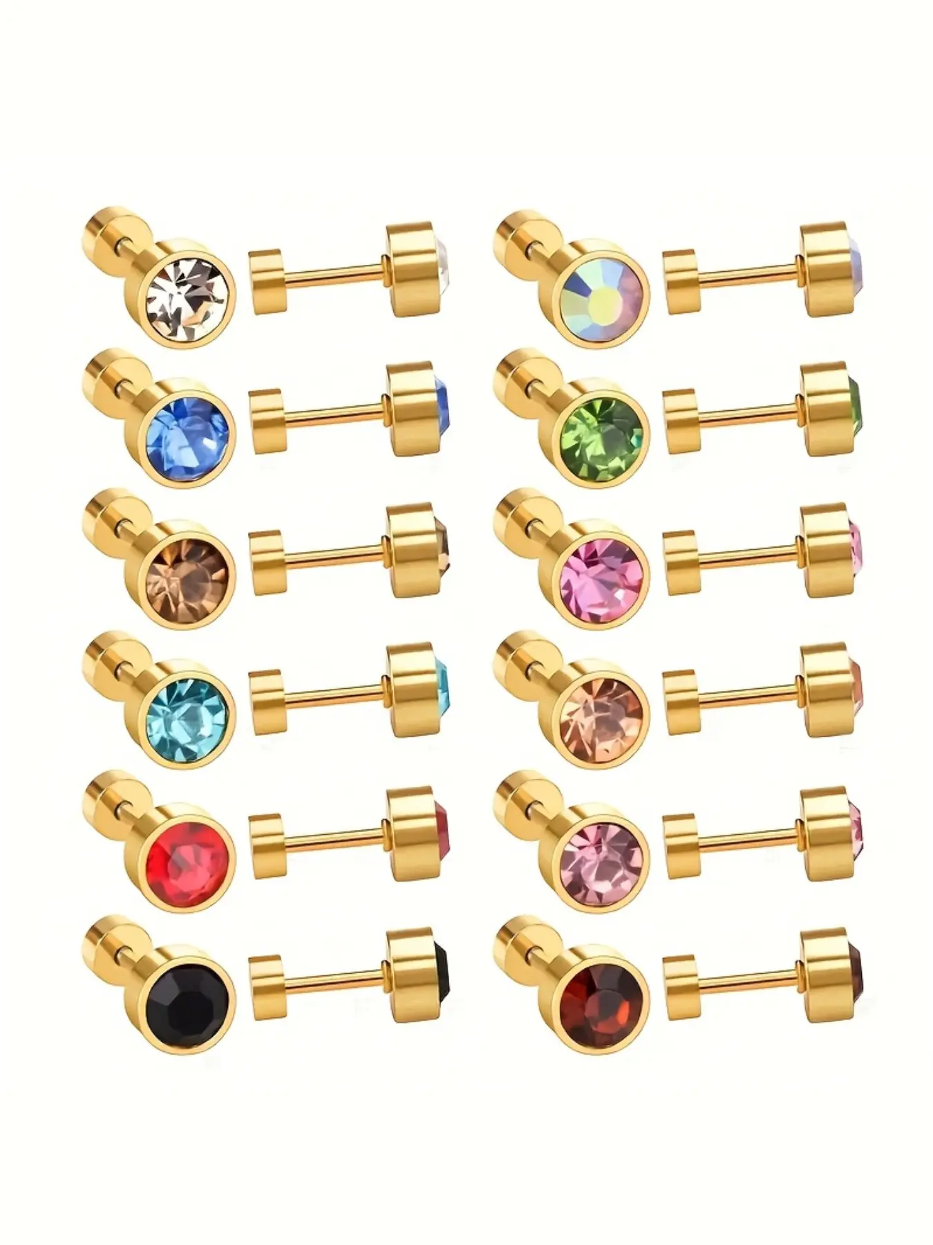 12 Pairs Fashion Cut Texture Earrings, Elegant Round Column Mixed Color Artificial Crystal, Hypoallergenic Spiral Cap, Perfect Gift for Couples