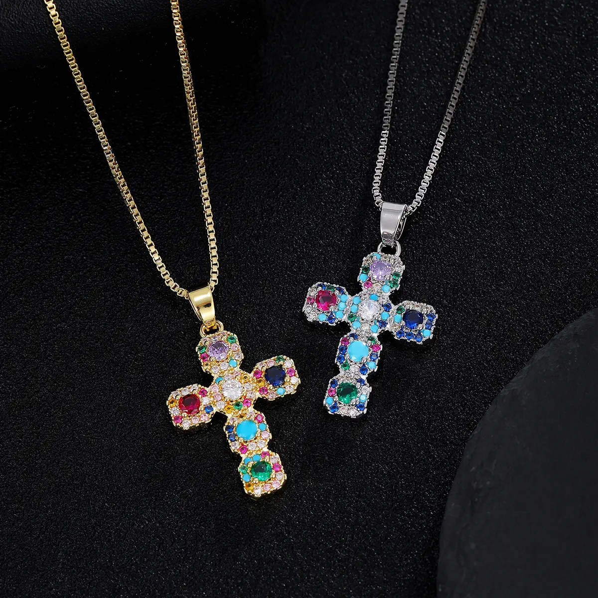 Bogadion Rainbow Crystal Cross Pendant Necklace - Hip Hop Colorful Bling Chain Costume Jewelry, Colorful Gemstone Cross Beaded Accessory, Crystal Necklaces, Colorful Gemstone Cross Beaded Necklaces