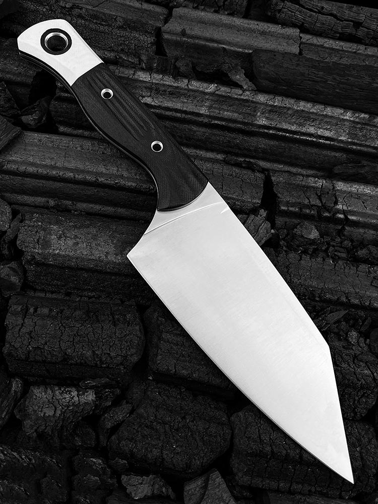 4010 Station Knife Kitchen Knife Fixed Blade  5.9" CPM-154 Stainless Steel Clip Point Blade, OD Black G10 Handles with White G10 Bolsters, Plastic Sheath Hiking Camping kitchen knife, slicing knife