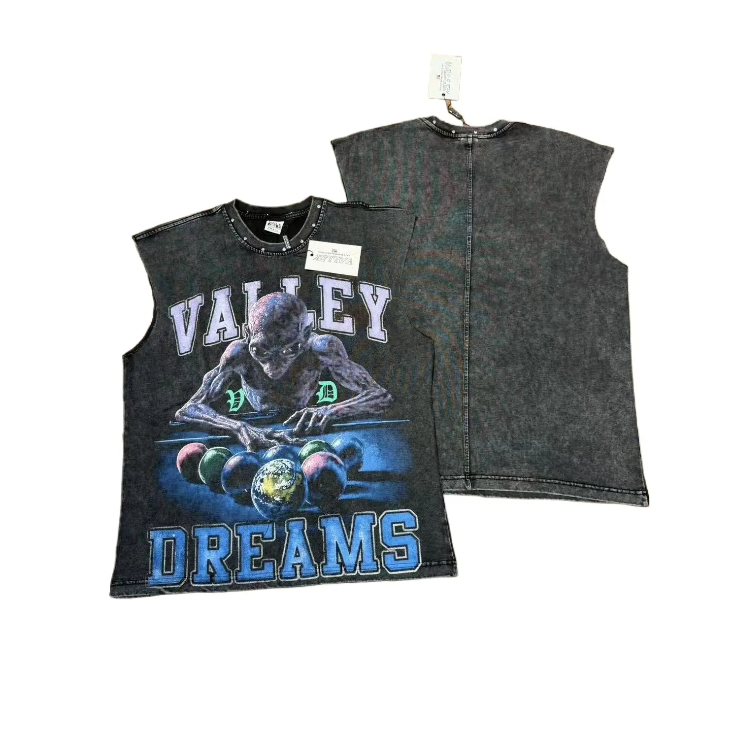 Vintage Washed Sleeveless Tank Top, VALE Rhinestone Graphic Oversized Streetwear Vest, Y2K Hip Hop Moisture Wicking Workout Tank Top for Summer Men’s Outfits, Father’s Day, 4th Of July, Halloween, Thanksgiving, Christmas Holiday Casual Wear