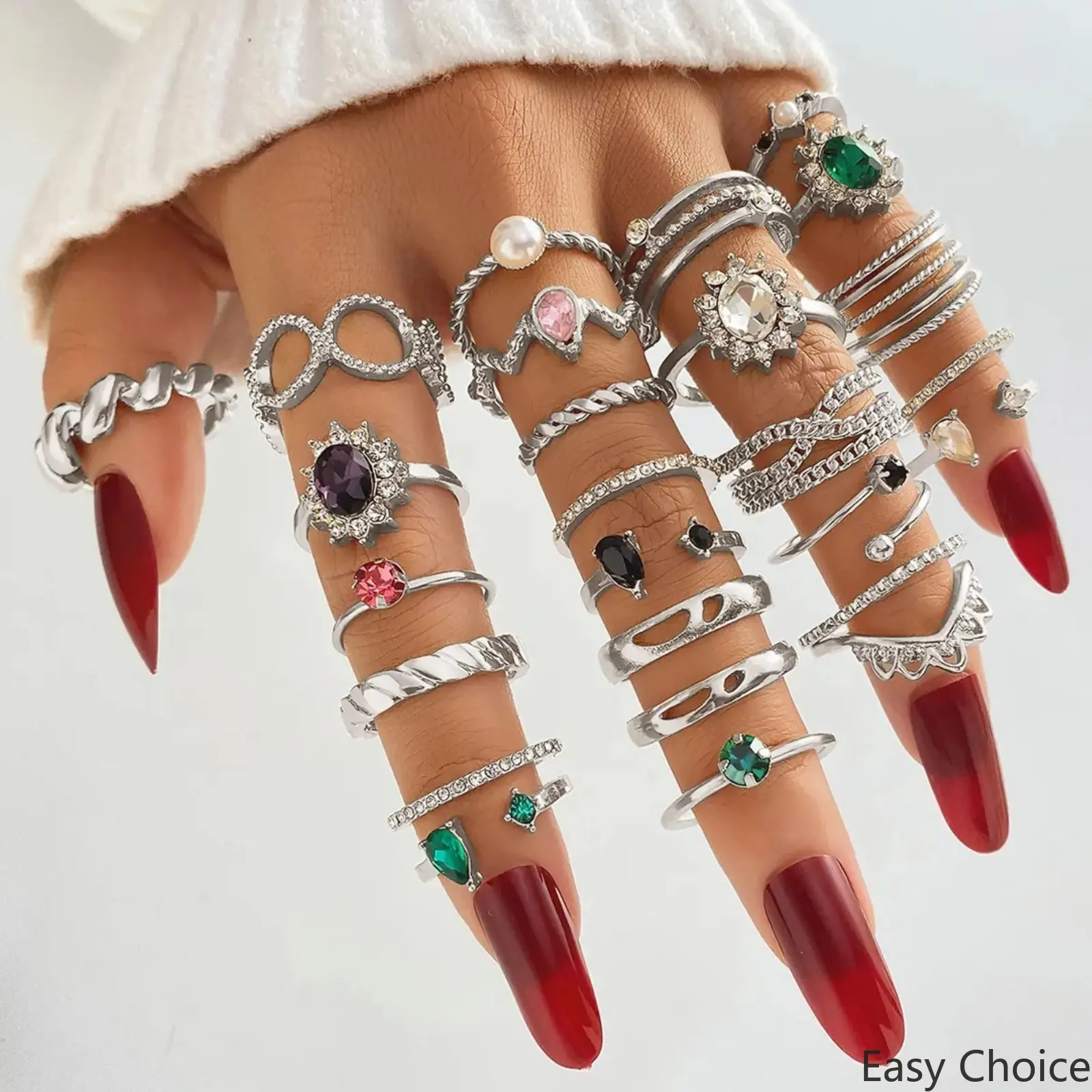 Women's Silver Tone Stackable Rings Set, Bohemian Vintage Crystal Gemstone Knuckle Joint Rings, Exquisite Boho Statement Jewelry, Trendy Ornaments for Parties, Sports & Outdoor Outfit Matching and Holiday Gifting