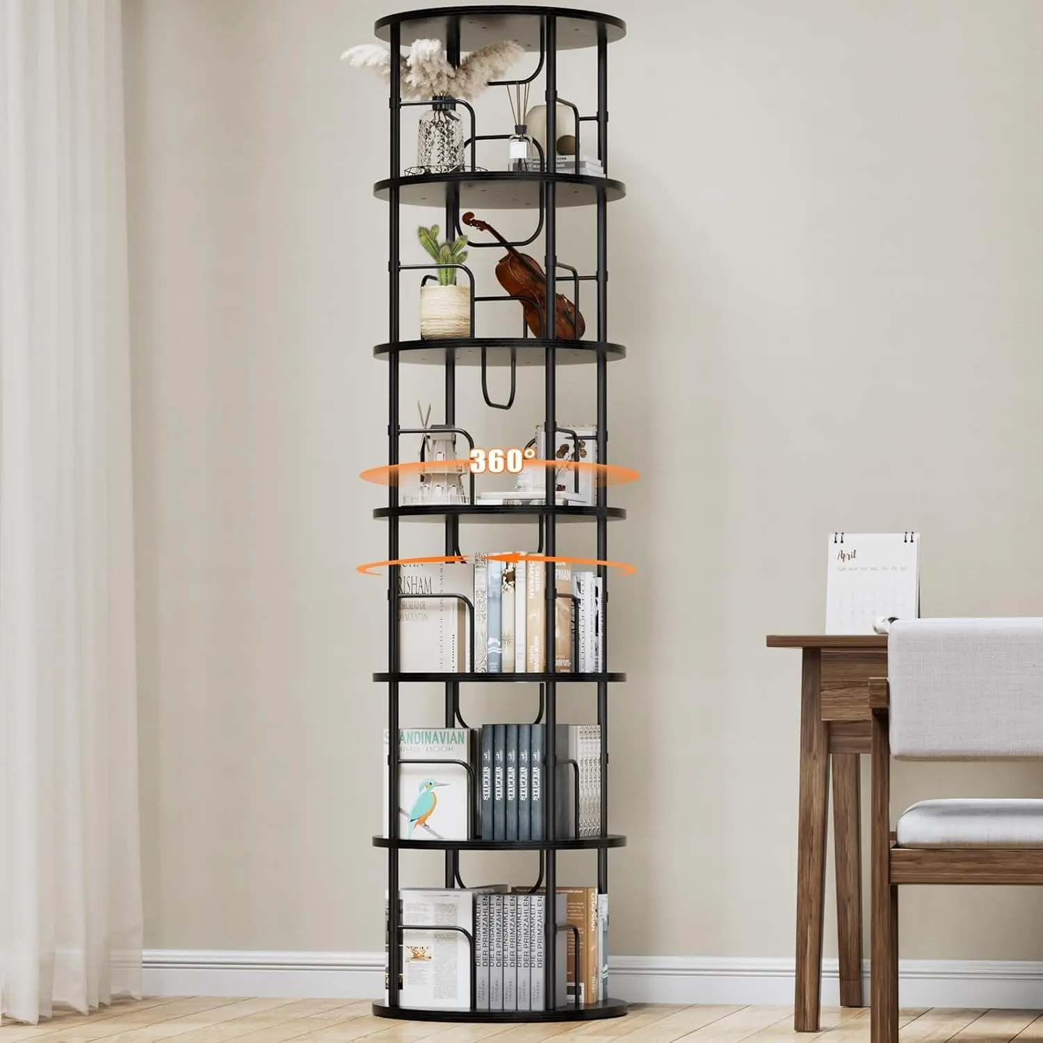 Gold 360° Rotating Tall Floor-Standing Bookcase - Stackable Narrow Space-Saving Swivel Bookshelf Tower, Corner Storage Organizer for Bedroom, Living Room