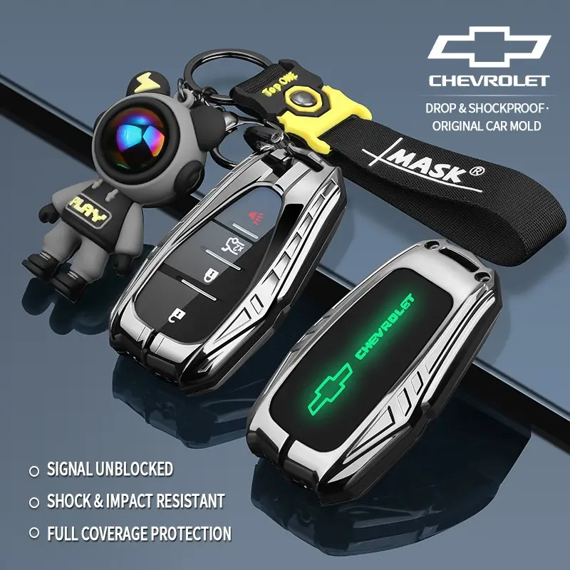 Chevy key cover fits Malibu, Blazer, Traverse, Seeker, Onix, Equinox, Volt, Bolt, Trax, Orlando, Cruze, Spark, Sonic, Camaro. Alloy mech-style remote key case with keychain, fully wrapped design, scratch and drop-resistant, with a trendy, unique vibe.