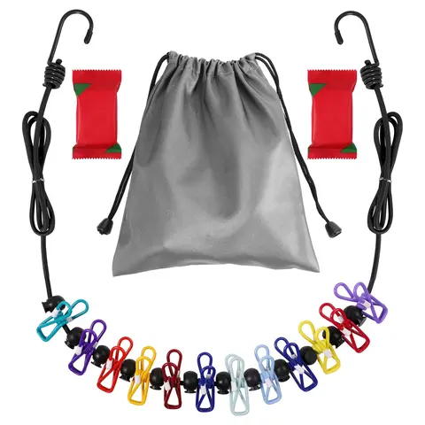 Retractable Travel Clothesline, Portable Lightweight Elastic Clothesline with 2counts Disposable Compressed Towels & 12 Clothespins, Laundry Tools for Indoor and Outdoor, Balcony, Outdoor Camping, Laundry Products
