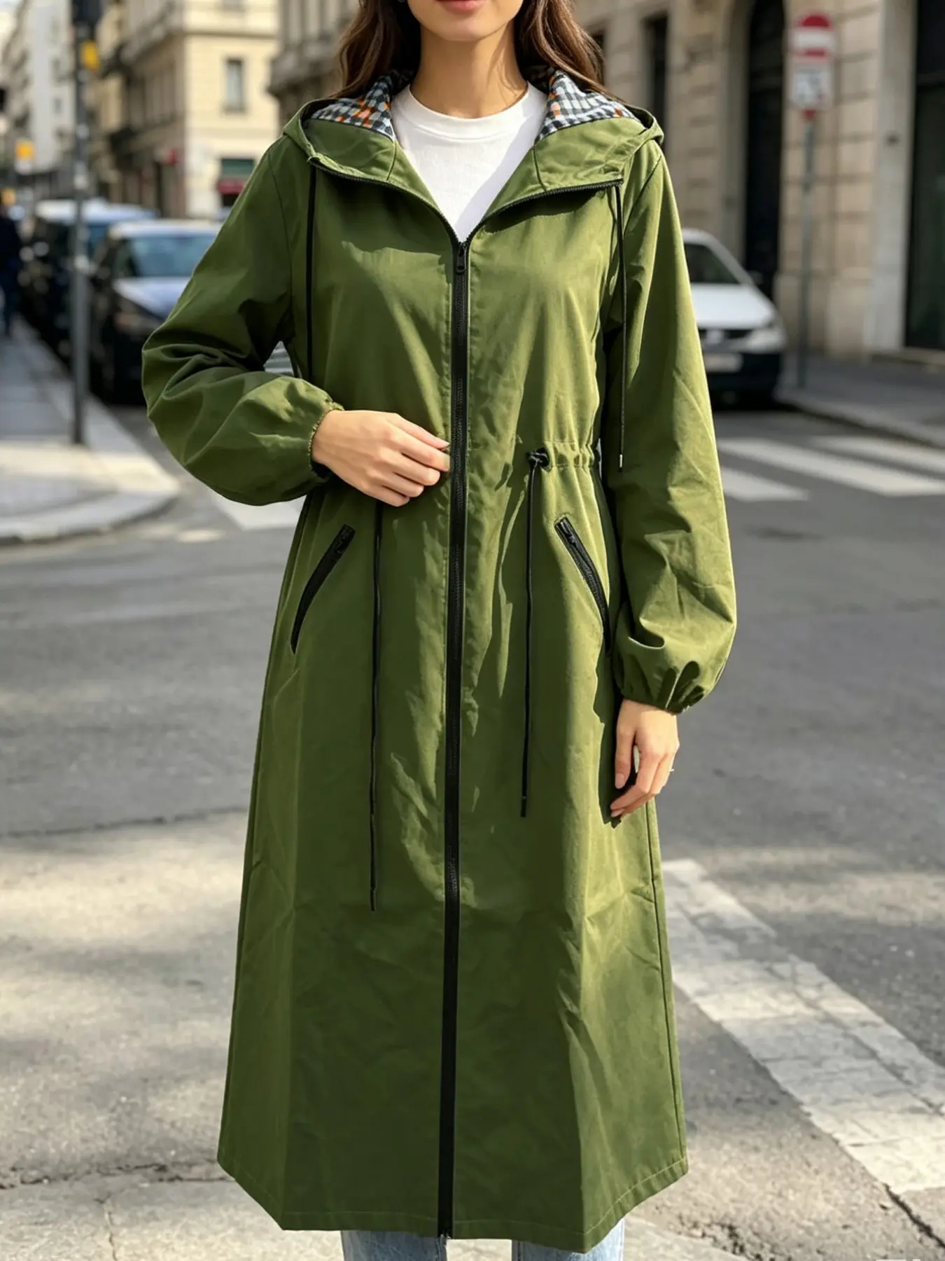 New Fall Long Hooded Women's Windbreaker, Drawstring Waist Loose Jacket, Zip Pockets Casual Outdoor Lady Coat, Stylish and Comfortable