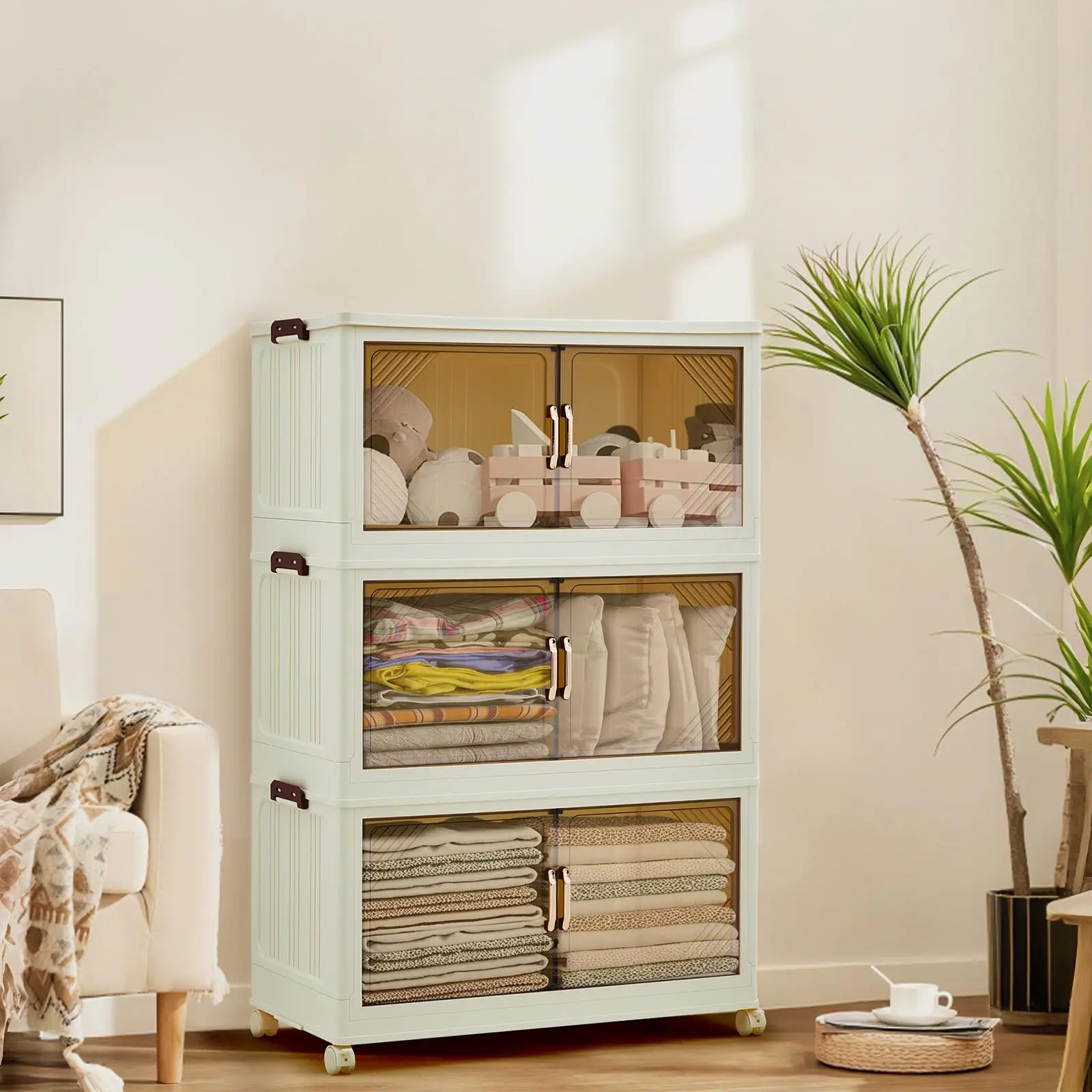 Stackable Storage Bins, Collapsible Storage Box, Plastic Storage Bins with Lids & Lockable wheels, Closet Organizers for Home, Dorm, Office