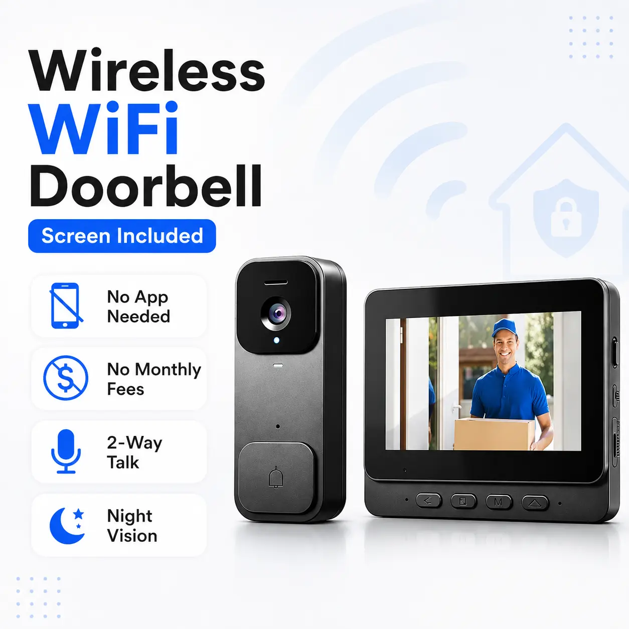 Upgraded Wireless Video Doorbell System with Screen, WiFi Door Camera, Two-Way Talk, Night Vision & Easy App-Free Home Monitoring