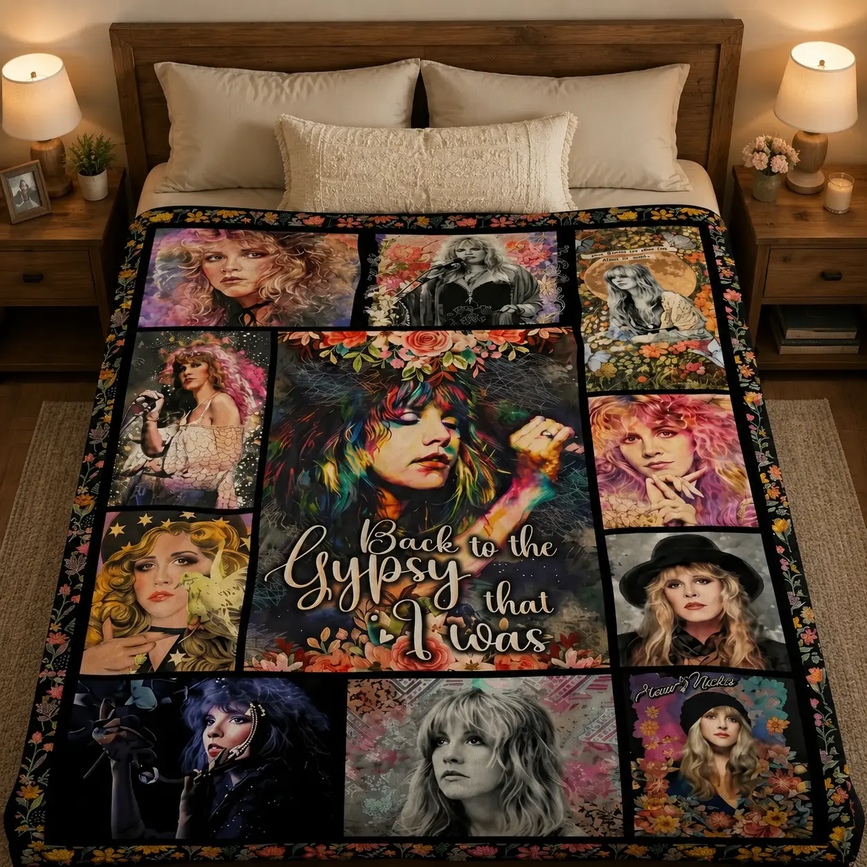 Stevie Nicks Gypsy Era Floral Collage Flannel Sherpa Fleece Blanket - 70s Retro Boho Rock Music Icon Art, Fade-Resistant All-Seasons Throw for Sofa, Gift for Christmas, Valentine, Watch Party Fans