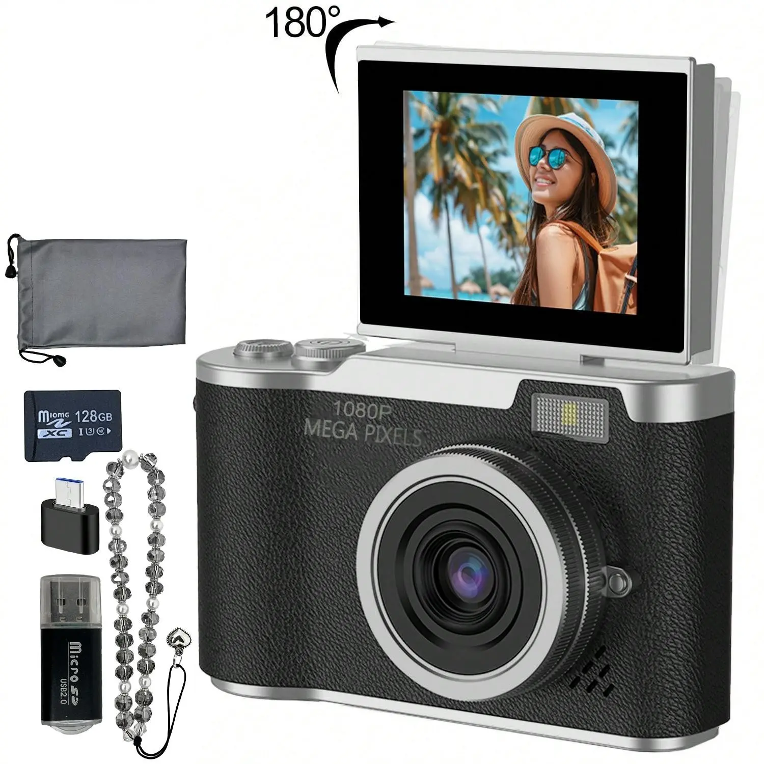 New foldable screen student camera retro-style CCD card camera entry-level digital camera with games and multiple filter functions, comes with a camera storage bag, crystal bracelet, and memory card, suitable for students and beginners.
