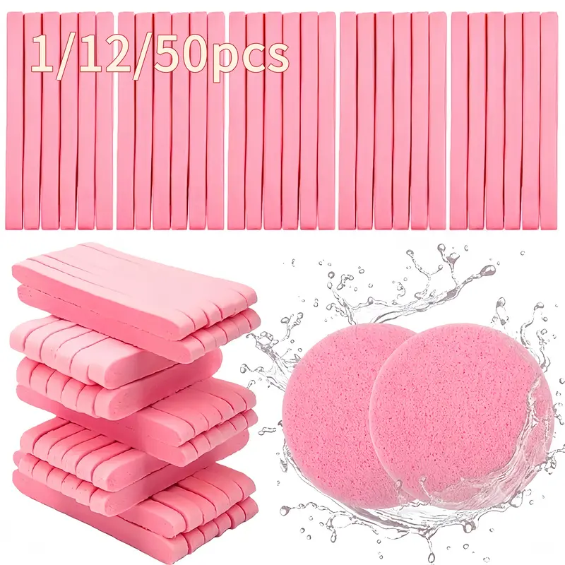1/12/50 Compact Facial Cleansing Sponge, Natural Cellulose Beauty Spa Sponge, suitable for skin beautification care, facial cleansing, exfoliation masks, makeup removal, etc. Pink, Facial Sponges
