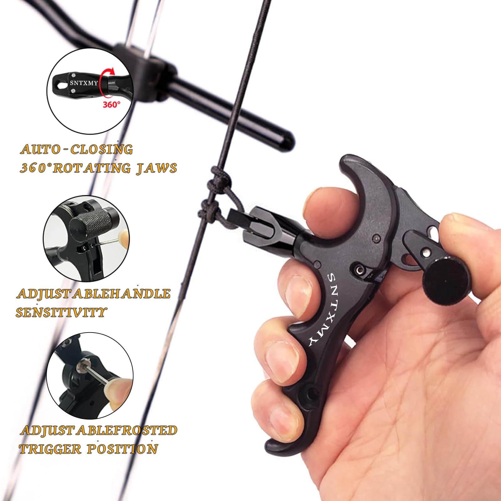 360 °   Rotatable Thumb Release for Compound Bow 4 Finger Grip Adjustable Sensitivity Automatic Jaw Closure Enhanced Accuracy Hunting Tool