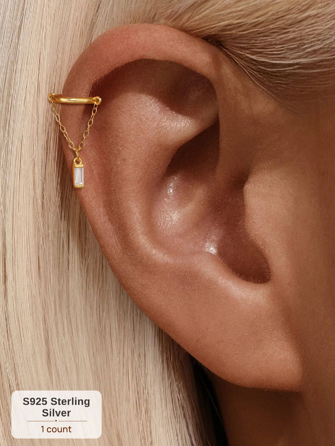 18K Gold Plated S925 Sterling Silver Single Earring Sold Individually | Sparkly Baguette Diamond Chain Tassel Hinged Segment Hoop Nose Ring Cartilage Helix Cuff | 100% Waterproof Perfect Holiday Gift