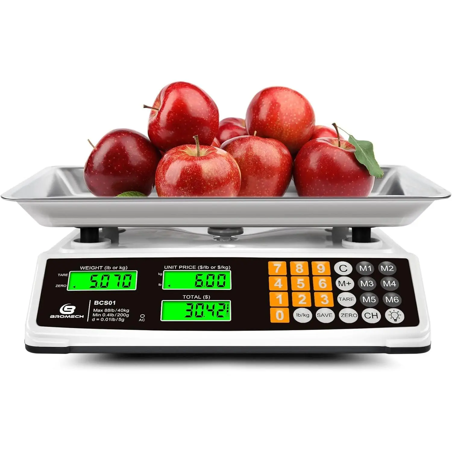 Price Computing Scale 88lb/40kg Commercial Food Scale for Produce Meat with Stainless Steel Large Platform, LCD Display, and Green Bright Backlight for Farmers Markets, Deli, (Not for Trade)