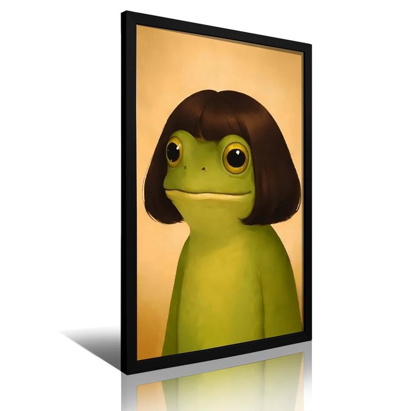 wooden frame Whimsical Frog Portrait Art With Bob Haircut (Frame)- Funny Animal Wall Art Poster Black Or Gold Framed Acrylic Wall Hanging Painting Canvas Painting Wall Painting Canvas Poster Decorative Painting Hallway Home Decoration