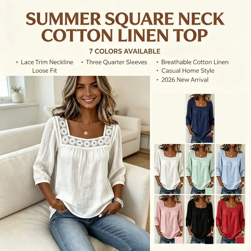 Women 2026 Summer Solid Color Casual Blouse, Square Neck Lace Trim 3/4 Sleeve Textured Shirt, Elegant Pullover Linen Look Ladies Daily Top