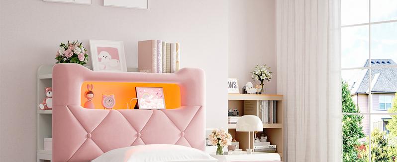 Twin Upholstered LED Bed Frame with 2 Storage Drawers and 2-Tier Storage Bookcase Headboard, Velvet Princess Platform Bed for Kids/Girls/Boys, Heavy Duty Metal Support, No Box Spring Needed, Pink