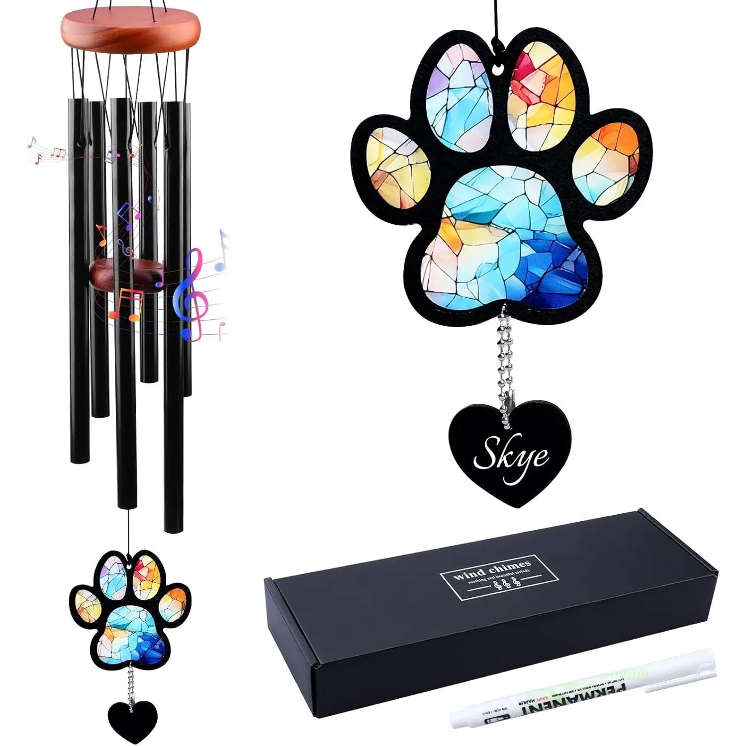 Paw Print Pet Memorial Wind Chime, Dog Loss Sympathy Gift, Bereavement Remembrance Present for Grieving Pet Owners