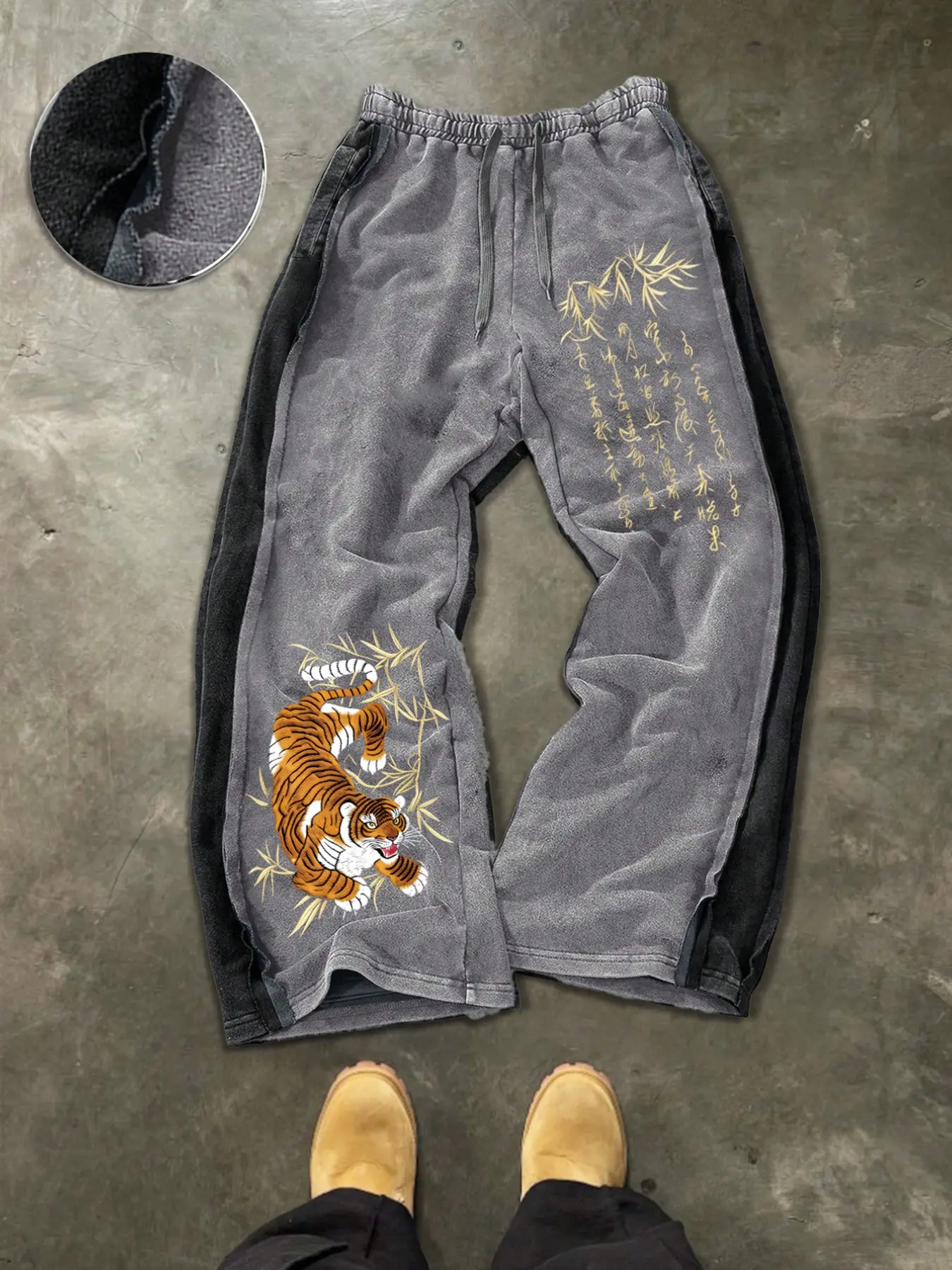 Vintage Washed Black Baggy Oversized Sweatpants for Men Japanese Tiger Bamboo Embroidery Graphic Loose Wide Leg Trousers Streetwear Hip Hop Casual Pants Elastic Waist Drawstring Y2K Fashion Casual Athleisure Pants
