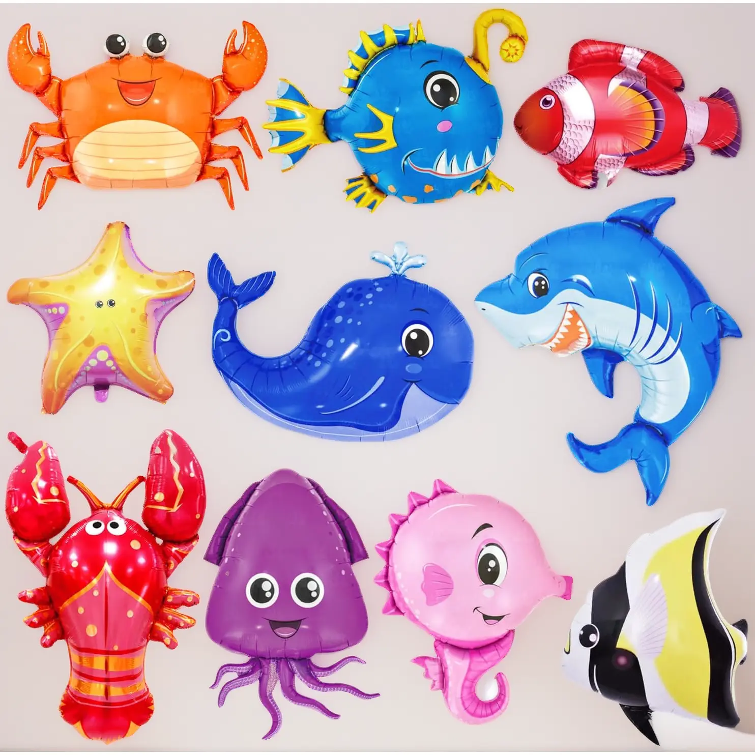 10 Pcs Extra Large Nautical Sea Creature Helium Foil Balloons Set - Unisex Kids Party Decor for Birthday, Baby Shower