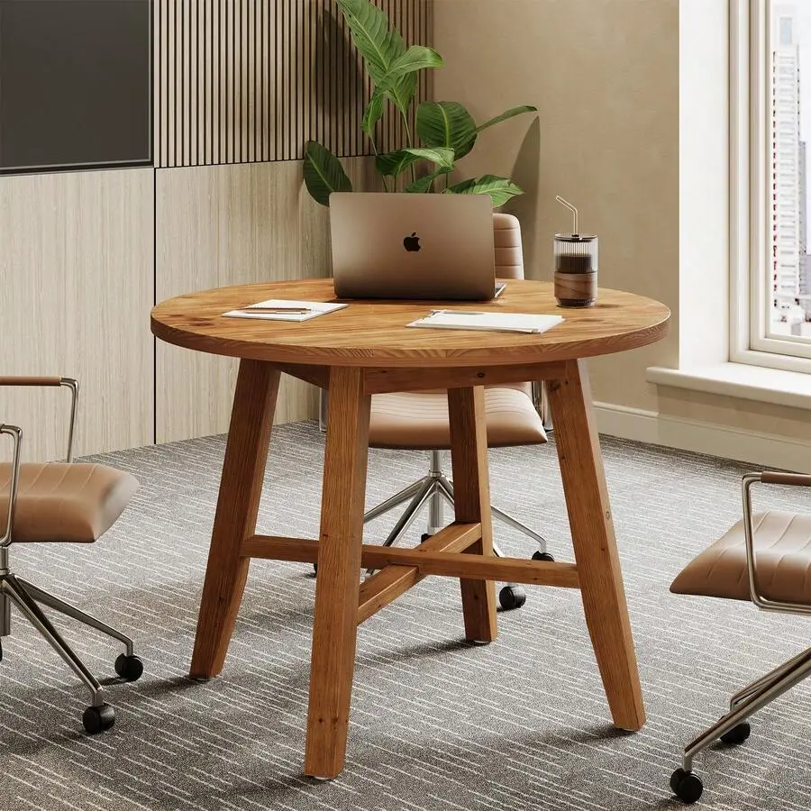 31.5-Inch Small Round Conference Table 2-4,  Solid Wood Office Table Small Spaces, Meeting Room, Offices, Easy Assembly, Space Saving (Brown)