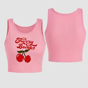 Women’s Cherry Graphic Crop Tank Top, Casual Sleeveless Scoop Neck Fitted Top for Summer, Soft Stretch Rib Knit Camisole Vest, Cute Fruit Print Going Out Top for Daily Wear, Vacation and Streetwear