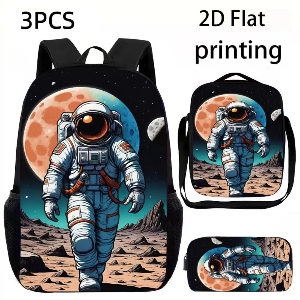 3pcs Astronaut 2D Flat Printing Backpack Set, Oxford Fabric, Adjustable Straps, Mesh Side Pockets, Large Capacity, Stylish Floral Design, Suitable for Travel, Camping, Outing, Daily Use, Ideal for Teenager And Teenager, For Teenager