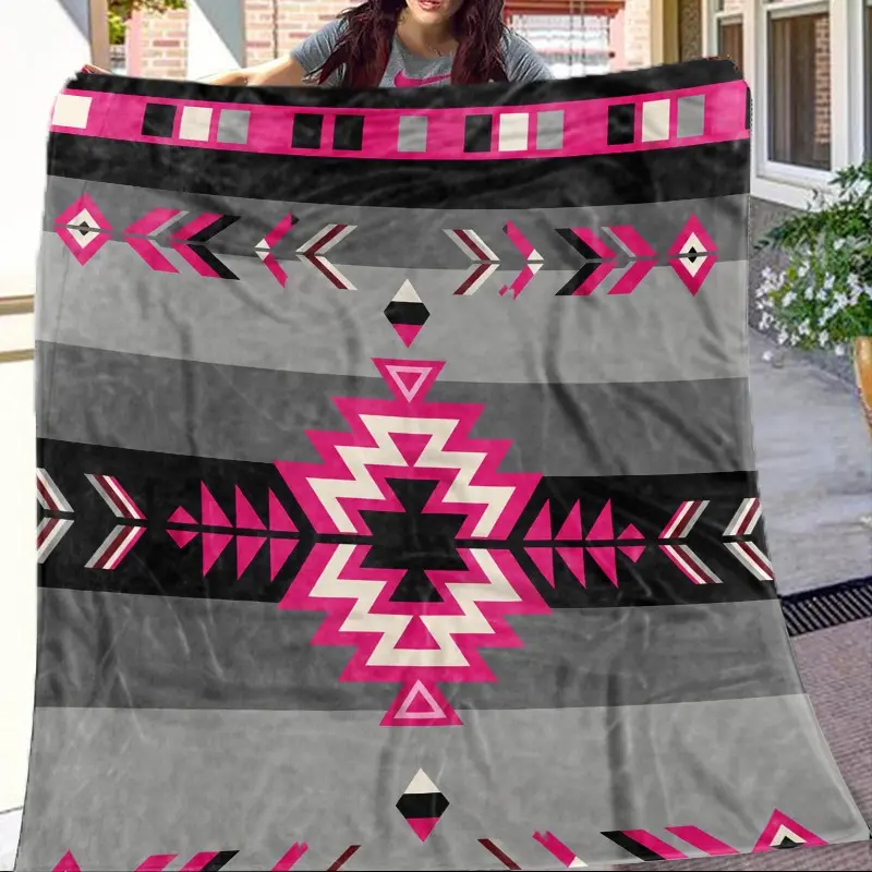 1 Piece Pink Black Tribal Geometric Throw Blanket, Boho Aztec Pattern Blanket, Southwest Arrow Design Cozy Sofa Blanket, Soft Warm Decorative Blanket for Bedroom Living Room Camping RV Decor, Perfect Gift for Boho Lovers