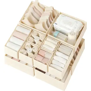 Drawer Organizer Clothes 12 Pack, Dresser Organizer for Nursery Bedroom Closet Organization and Storage - Baby Clothes Organizer Bins - Drawer Divider for Sock Underwear Bra Ties (Beige)