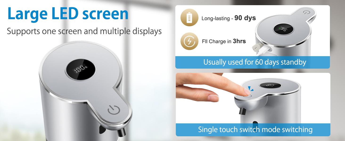 Automatic Foaming Soap Dispenser 12.8oz, Rechargeable & 6 Levels Foaming Adjustable with Digital Display, Wall Mount, Waterproof, Touchless Hand/Dish Soap Dispenser for Kitchen, Bathroom, Hotel