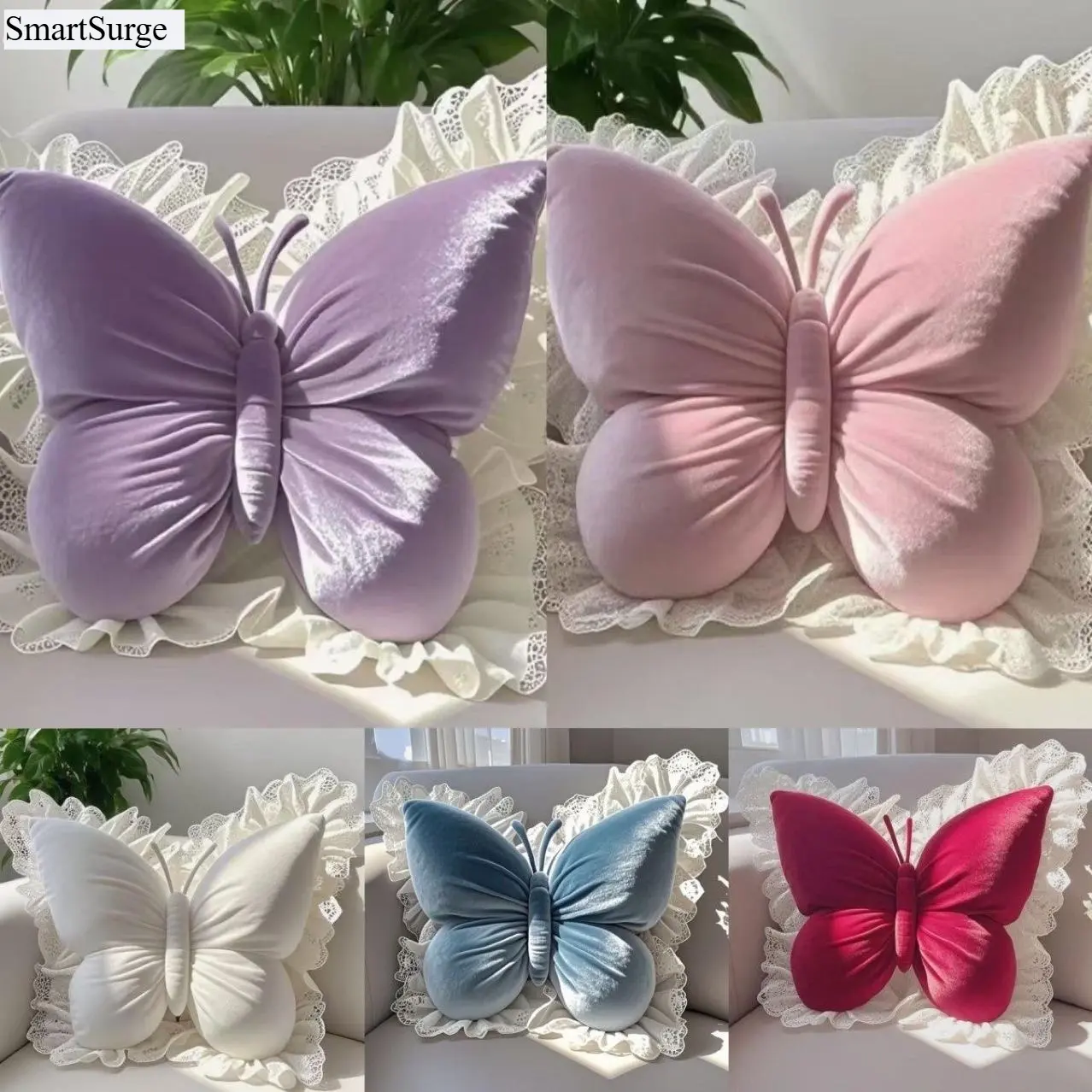 3D Butterfly Decorative Throw Pillow - Velvet-Look Wings, Lace Ruffle Backing - Coquettecore Indoor Recreation, Dainty Indoor Recreation for Girl Room Decor, Whimsical Room Accent