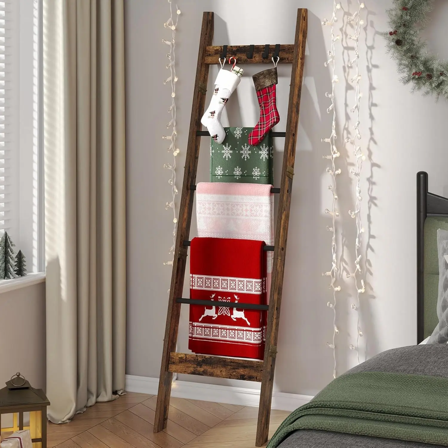 Blanket Ladder for Living Room, Decorative Quilt Rack with 4 Removable Hooks, 5-Tier Farmhouse Ladder Holder Shelf Organizer for Bedroom, Rustic Brown and Black BR31501B