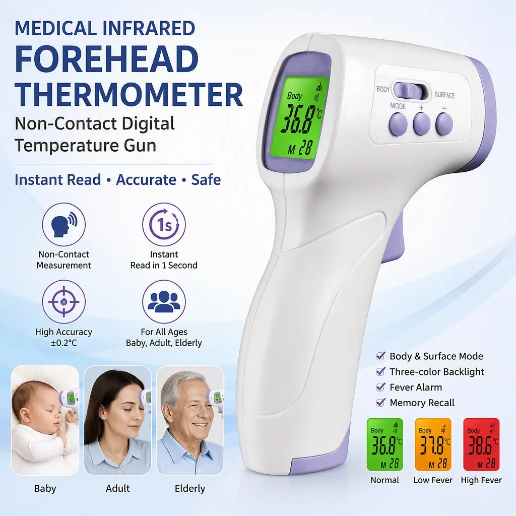 Non‑Contact Infrared Forehead Thermometer, Medical Digital Instant Read Temperature Gun for Home Baby Adult