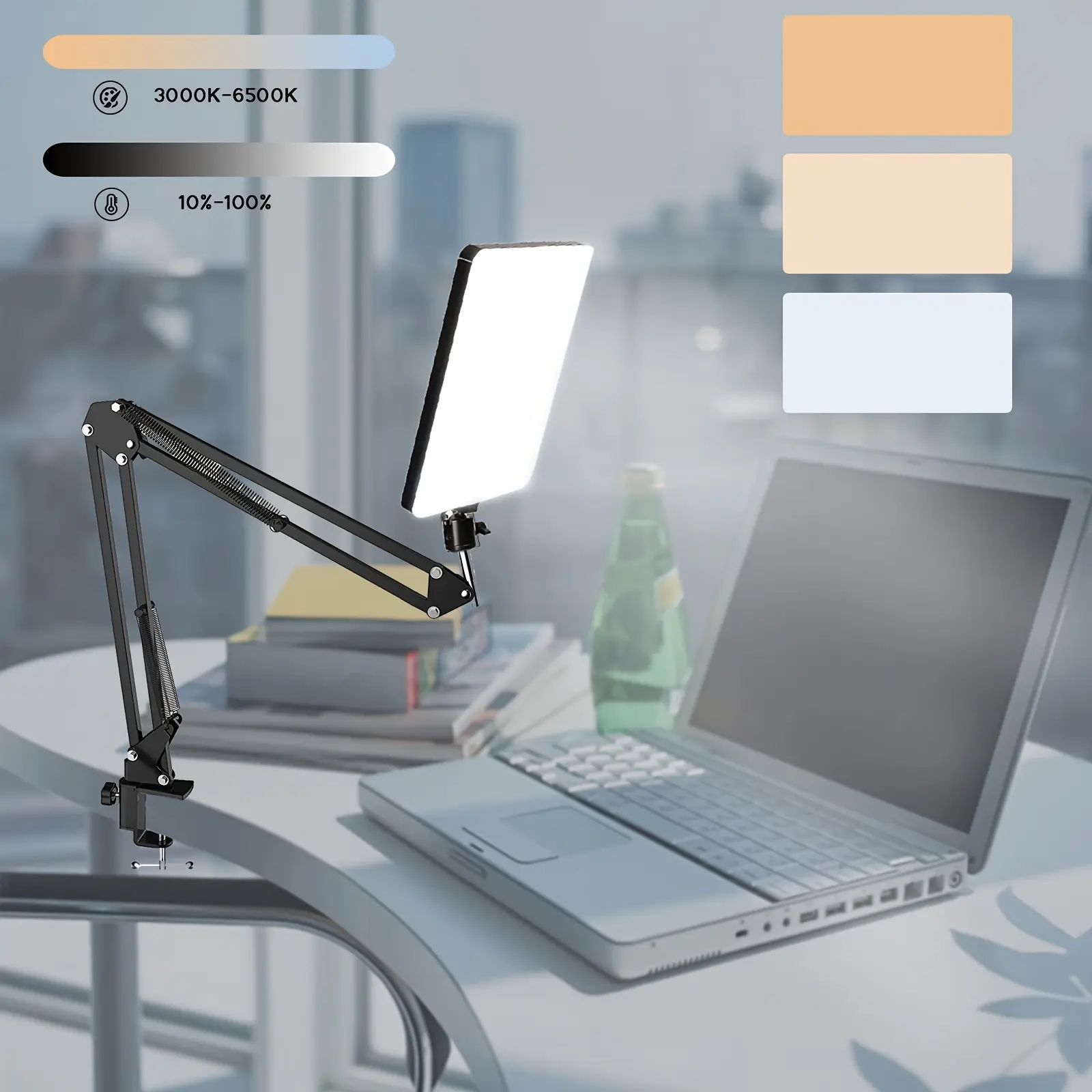 Adjustable Hue & Brightness Conference Photography Lighting LED Video Light Shooting Fill Light Portable Clip on Light Used for tables with Flexible Articulating Boom Arm Table Stand Accessory for Video Recording Streaming Zoom