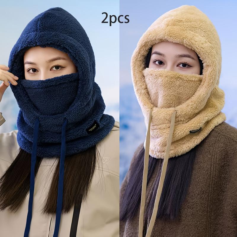2PCS Plush Fleece Balaclava Hood  Soft & Warm Windproof Face Mask & Neck Warmer  Lightweight & Stretch Fit for Cycling, Skiing & Outdoor Sports (Navy Blue & Beige)