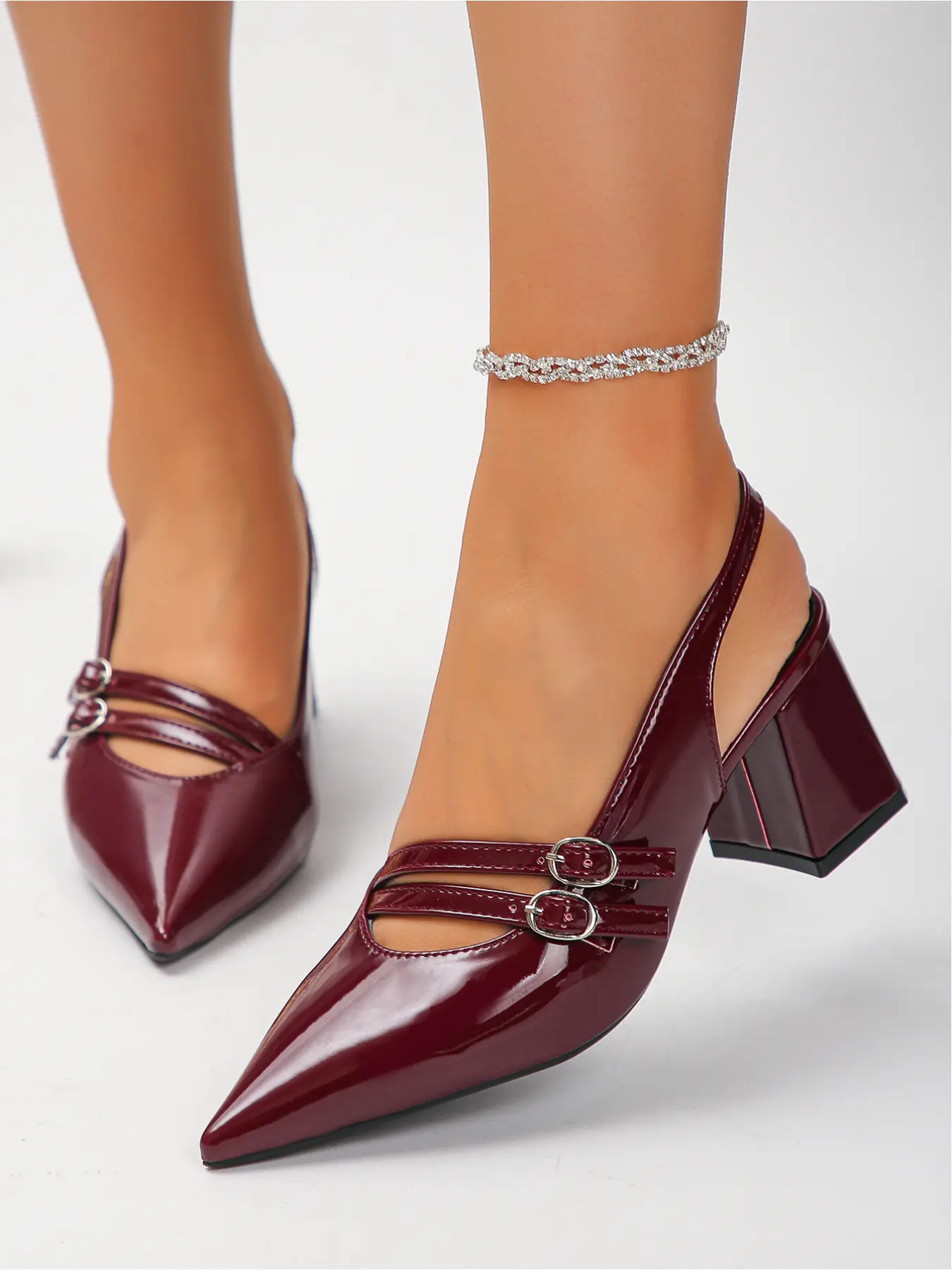 Burgundy Glossy Women's Slingback Heels, Double Buckle Strap Pointed Toe Block Heels