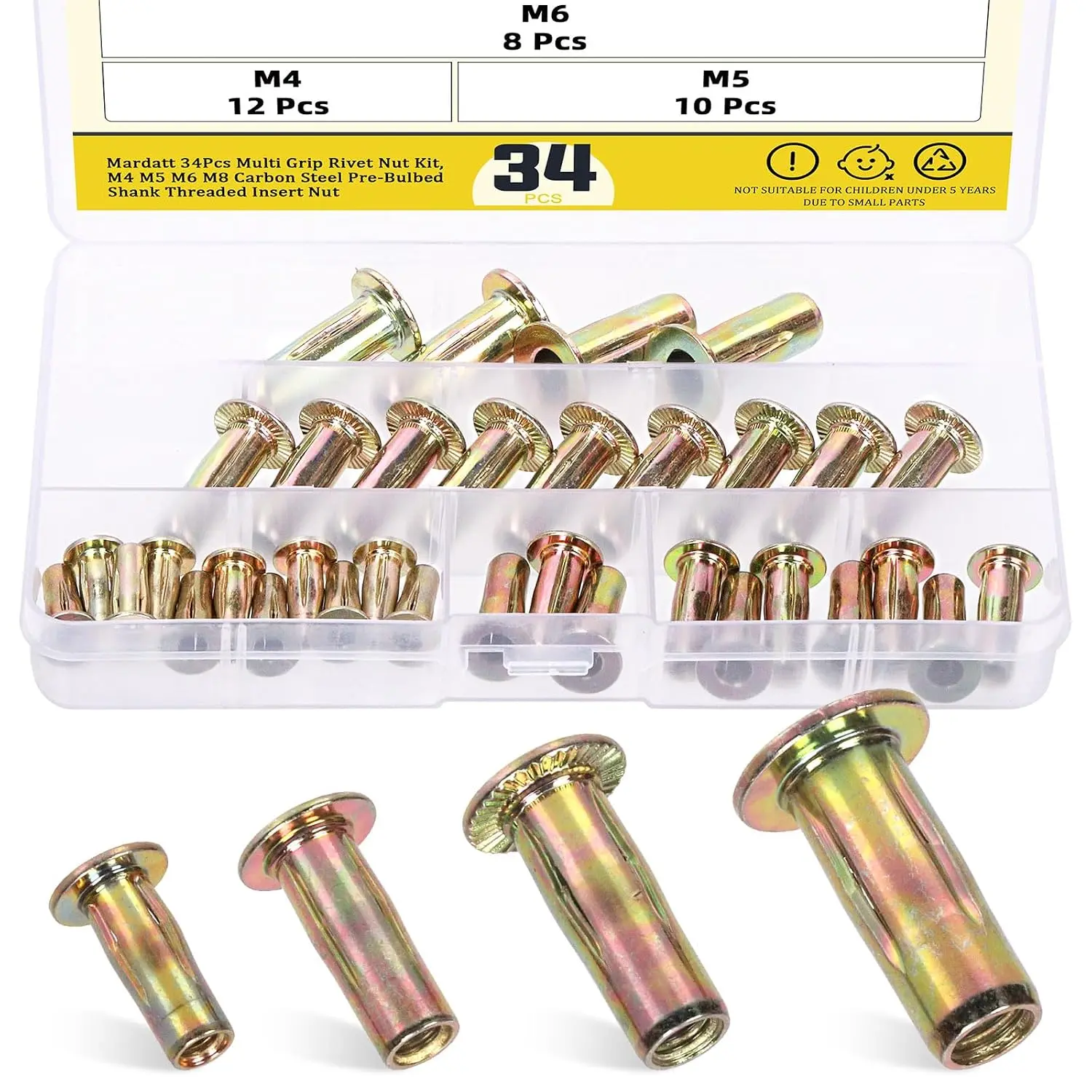34 count 4 Sizes Multi-Grip Rivet Nut  Kit, M4 M5 M6 M8 Zinc-Plated Flat  Shank Threaded Insert Nut for Industrial Construction Fasteners