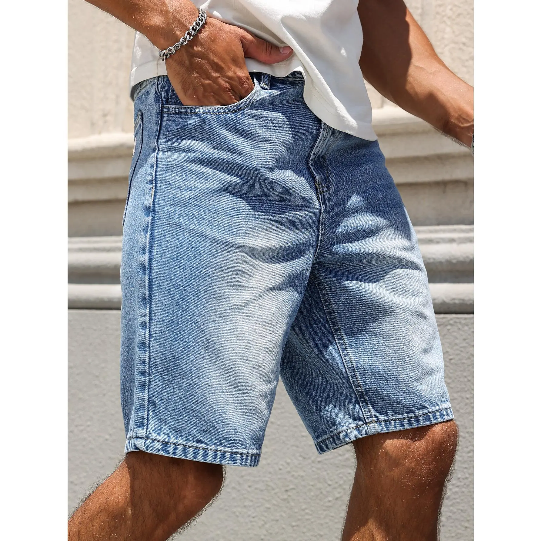 Men's Aesthetic Slim-Fit Tapered Light Blue Stone-Wash Fade Vintage Denim Blend Short Jeans - Plain Classic Streetwear, Smooth Soft Stretch Fabric, Golden Vibe, Summer Casual Above-Knee, Party Outfits, Metallic Basic Jorts