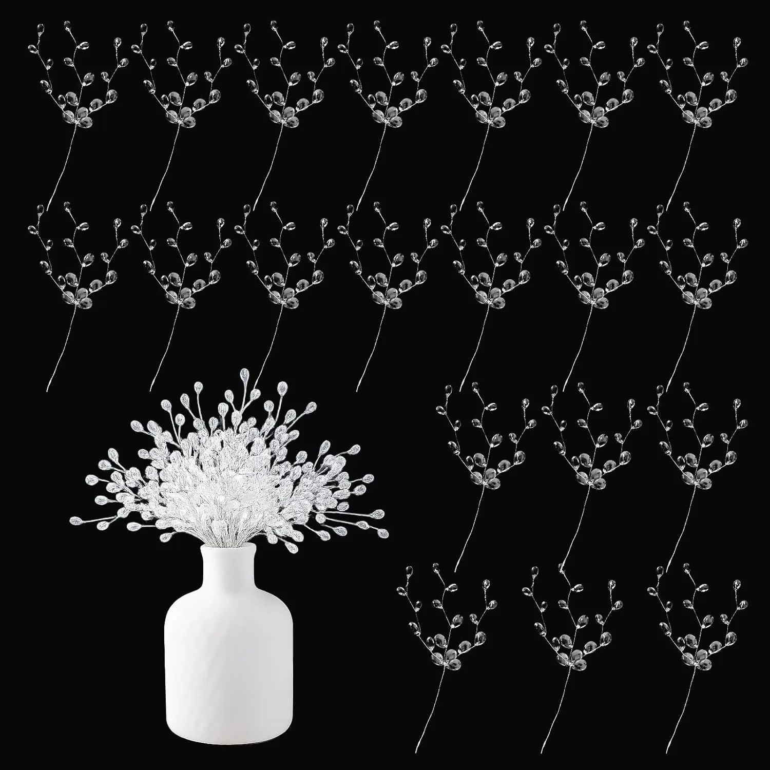 20PCS Clear Acrylic Crystal Flower Branches Artificial Bead Drop Bouquets Glitter Floral Acrylic Picks Arrangement for Wedding Christmas Thanksgiving Home Office Table Top Decoration