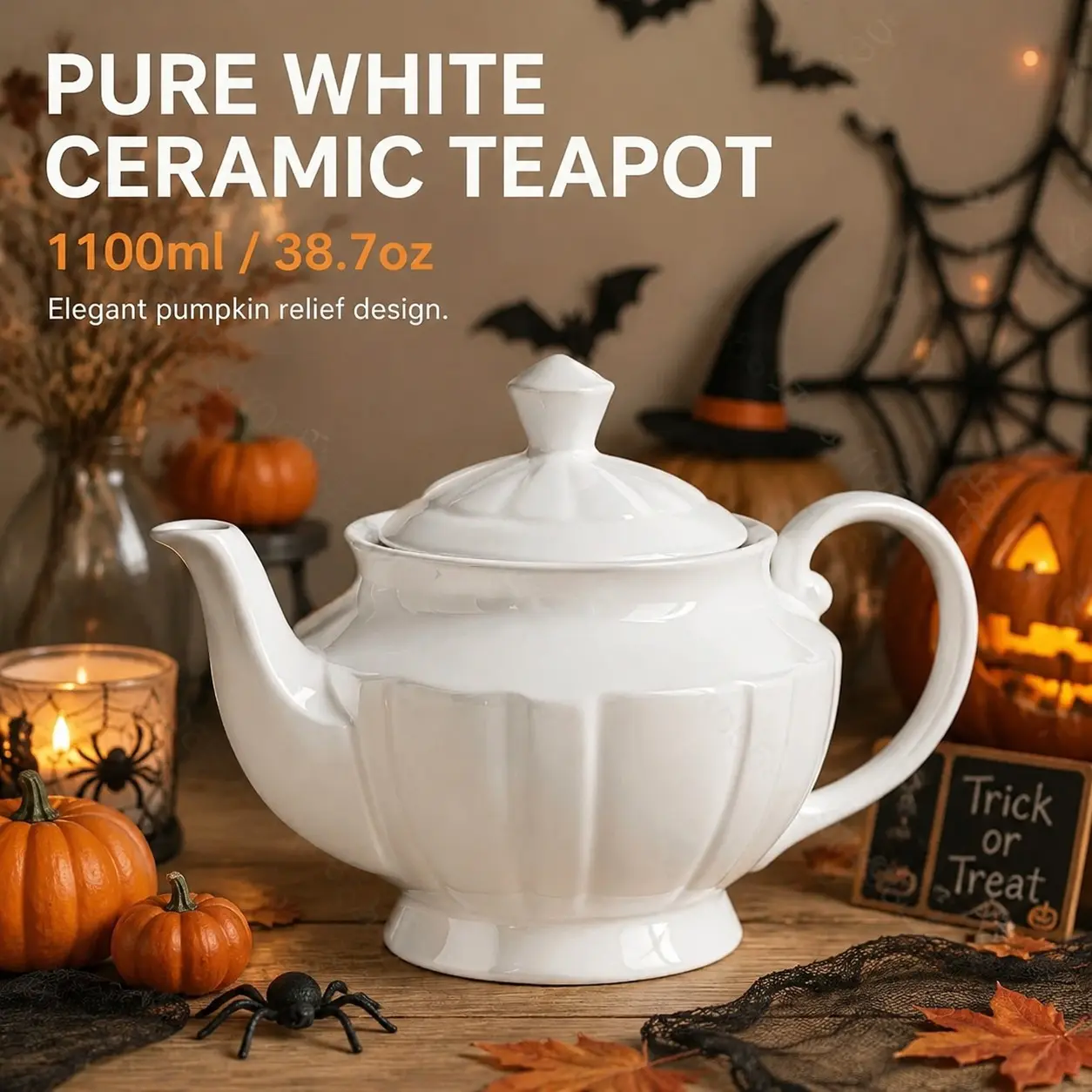 1100ML Pumpkin Relief Ceramic Teapot, Elegant Porcelain Tea Pot, Large Capacity Halloween Desk Decor, Vintage Style, Home Kitchen, Tea Party, Gift