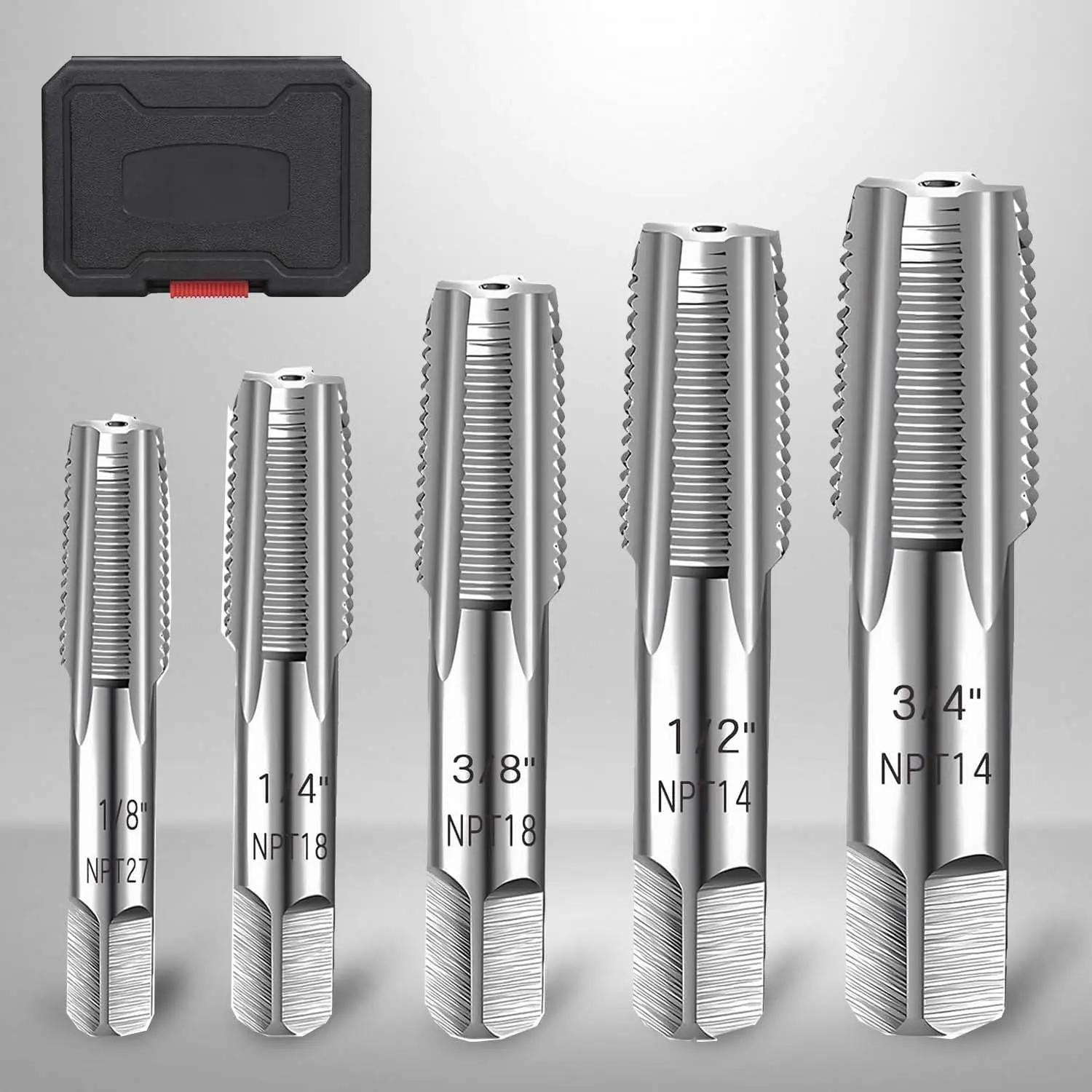 5- NPT Pipe Tap Set,Sizes Includes 1/8", 1/4", 3/8", 1/2" and 3/4",Pipe Taps Set with Storage Box,for Cleaning,Re-thread Damaged,Jam Pipe Threads,thread tap