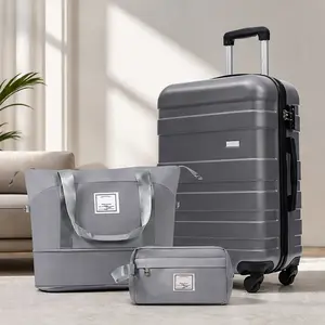 ARCH 3-Piece Luggage Set 24in Checked Suitcase with TSA Lock Travel Duffel Bag Wet-Dry Toiletry Bag, ABS Hardshell Spinner Wheels, Grey, for Business Vacation Family Trip, Lightweight Durable Travel Organizer, Grey Color Options, ABS Material