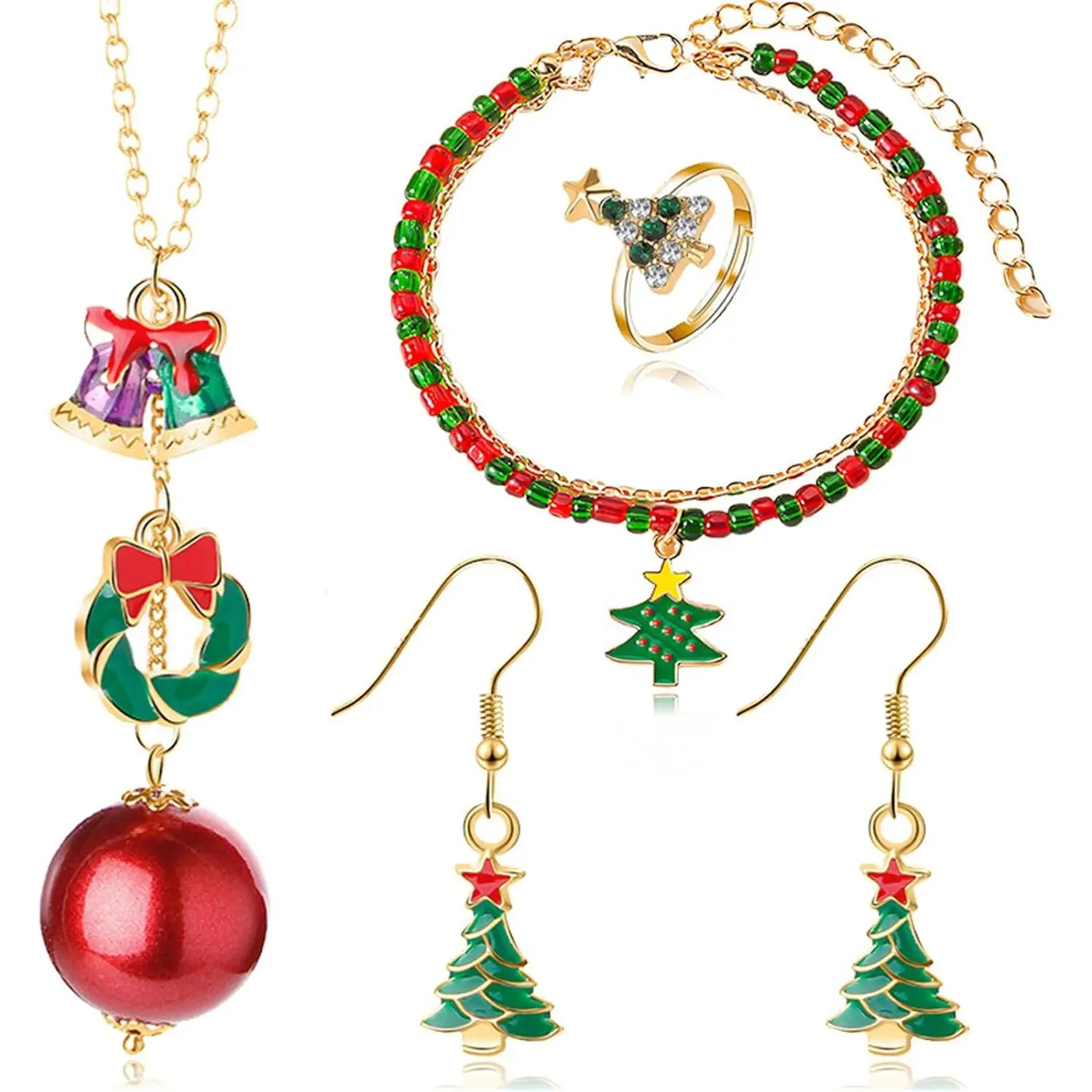 4 count Christmas  set for Women Colorful Wreath  Christmas Candy Holiday Heartwarming Novelty Gifts Includes Necklace Bracelet Earring Ring Suitable For Christmas Party Gifts