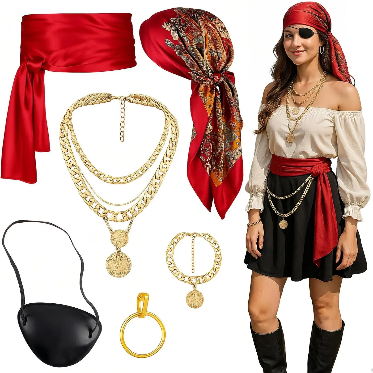 Pirate Costume Accessories Set for Women &Men– Head Scarf, Satin Sash, Belt & Accessories for Halloween, Cosplay, Party Dress Up Red