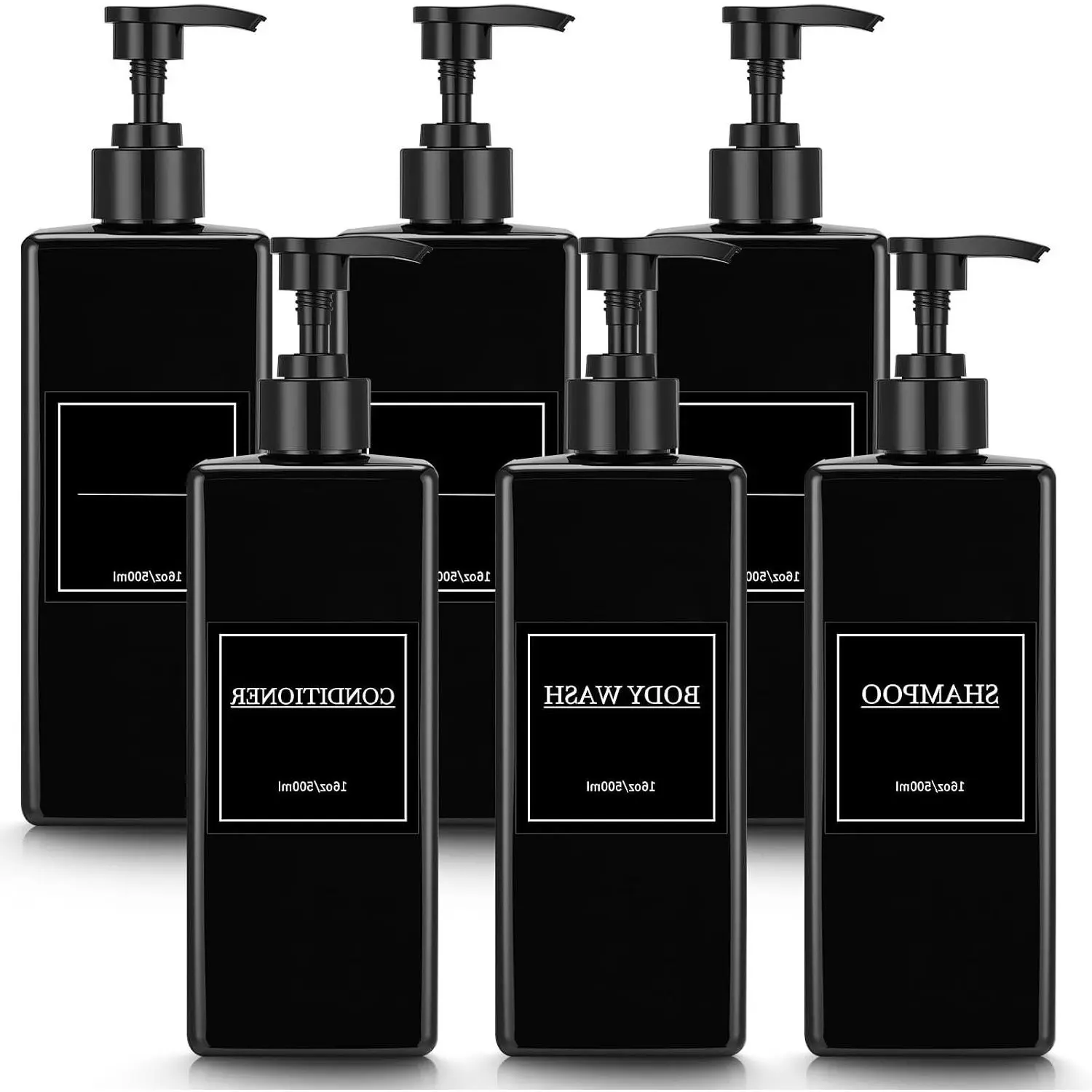 6-Pack 16oz Refillable Shampoo and Conditioner Dispenser Bottles with Pump, Labels & Marker Pen – Modern Body Wash Soap Dispensers for Bathroom Organization (Black)Gift