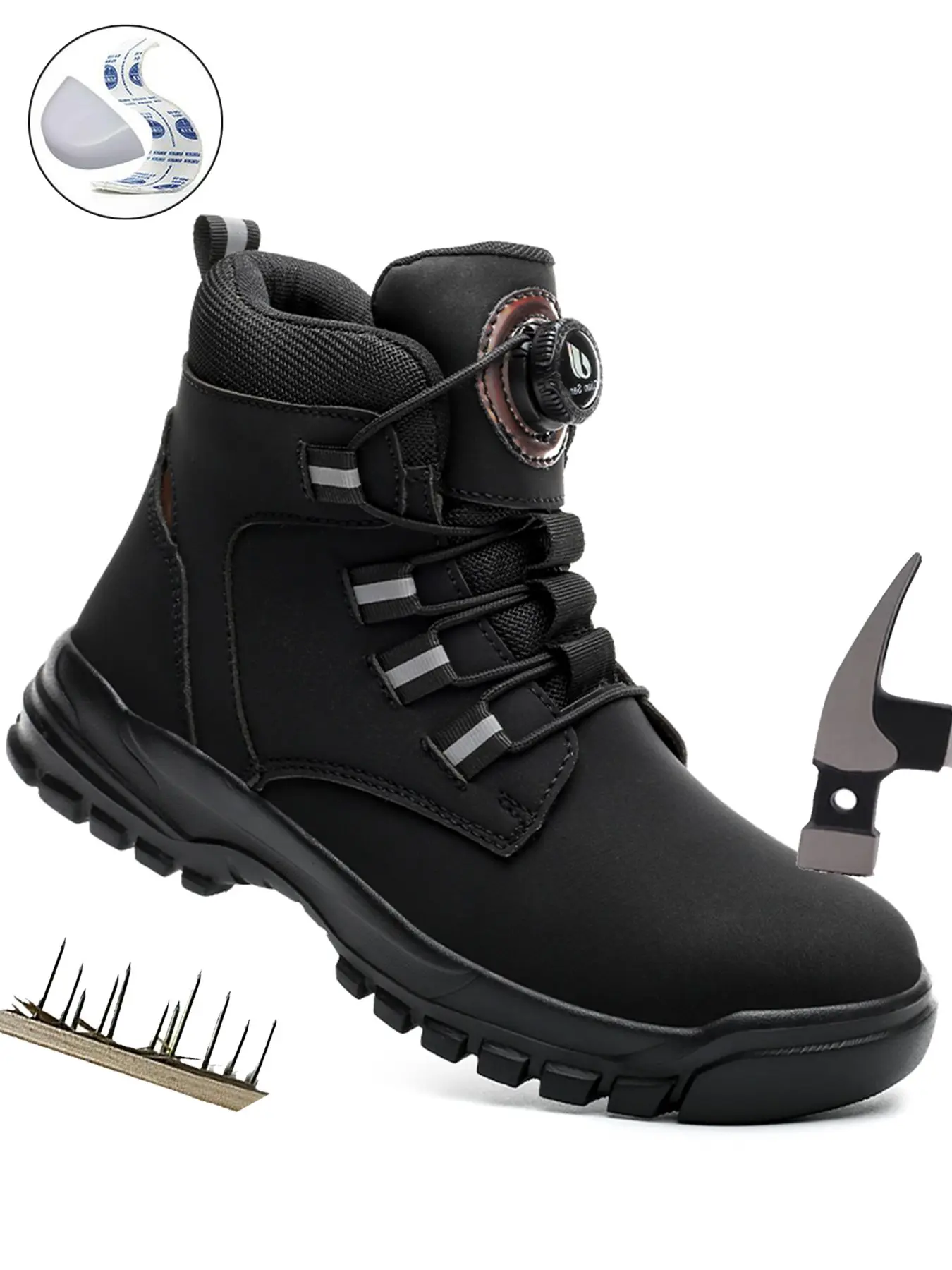 Construction Safety Shoes, Steel Toe, Anti-Compression & Piercing, Easy Rotation Buckle, Medium Width, Mesh Fabric, Rubber Sole, All Seasons