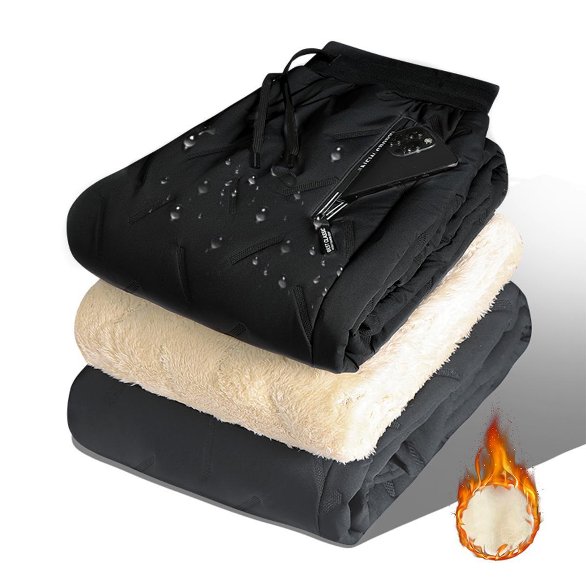 Men's Multi-piece set of solid color zip pocket thermal pants, regular comfortable casual waterproof drawstring waist, autumn and winter fleece-lined pants, sports casual, three-color simple sportswear, winter essential, everyday casual　 Plain SpringState