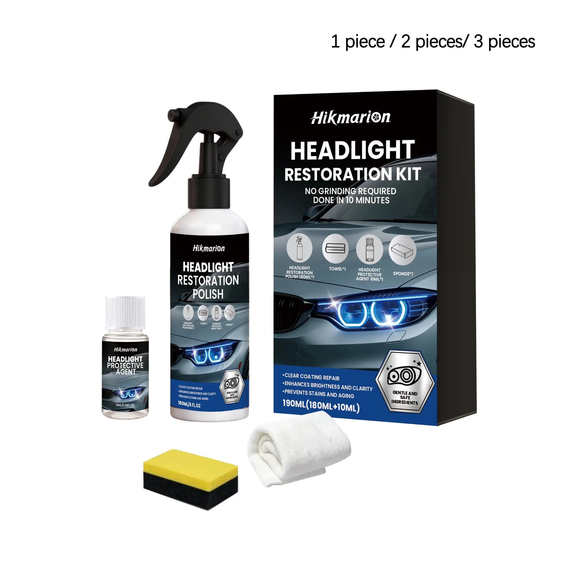 Car Headlight Polishing Kit, Includes Polisher 100ML, Protector 10ML, Towel, Sponge, Clean and Brighten, Easy Maintenance